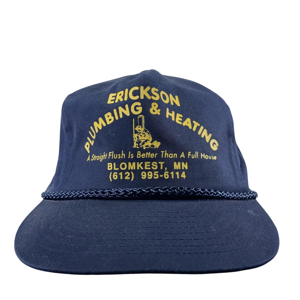 Vintage Nissin Erickson Plumbing Heating Hat Cap Snap Back Mens Blue FF31